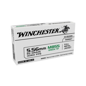 Winchester M855 .5.56 NATO Ammunition 20 Rounds FMJ 62 Grains SS109 Green Tip Loaded in Lake City Brass USA855K